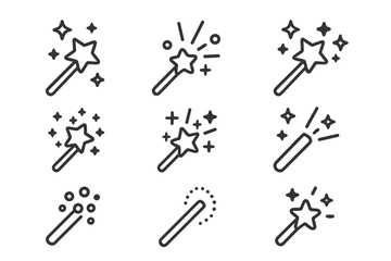 Magic wand line icon set. Vector pictogram collection with stars and sparkles. Concept of miracle, fantasy, wish, and illusion. Editable stroke for UI, UX and web design.