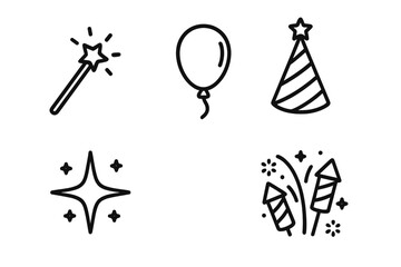 Minimalist celebration line icon set. Party vector graphics. Simple outline illustrations of magic wand, balloon, holiday hat, star sparkle, fireworks for birthday cards.