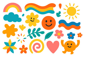 Set of cute groovy retro stickers. Hippie 70s style vector elements. Abstract playful shapes, smiley face, flower power, rainbow, sun, and cartoon character. Joyful doodle.