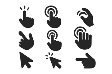 Clicking hand and arrow pointer vector icon set. Interactive touch screen gestures like tap, press, swipe. Solid glyph collection for UI and UX design and web navigation.
