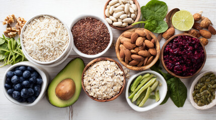 A thoughtful arrangement of fresh and nutritious food items from above, on a clean surface.
