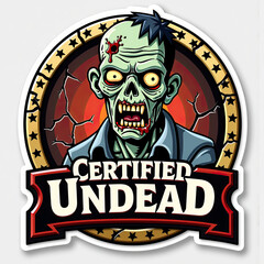 Friendly zombie giving a thumbs-up inside a vintage badge; humorous Halloween sticker.