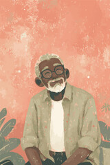 Happy man, poc, black man smiling, old man vector, grey hair, happy, happiness, contented, natural colors, muted colors, earthy design, background, flyer, concept