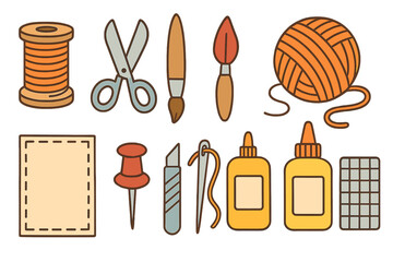 Collection of craft and hobby tools for creative makers. Art supplies set for DIY projects. Sewing, knitting, painting, and scrapbooking elements. Vector cartoon icon pack.