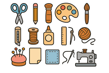 Creative hobby and craft tools icon collection. Vector illustration of supplies for sewing, painting, art, and DIY projects. Handmade equipment set for makers and enthusiasts.
