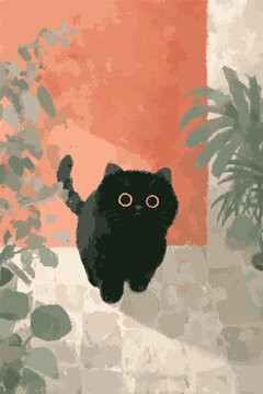 Illustration black cat, kitten cute scared, looking up at camera, tiny vulnerable, vulnerability, afraid hiding big eyes cat cartoon vector foliage earthy colors muted natural eco background design