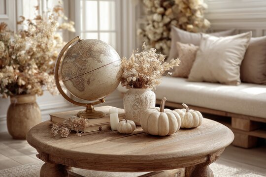 Autumnal living room scene with globe and pumpkins - Powered by Adobe