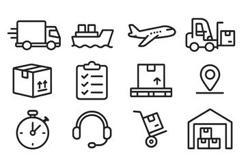 Logistics and transportation line icon set. Shipping, delivery service. Cargo freight by truck, ship, air. Warehouse, storage, forklift. Package tracking, support. Vector.