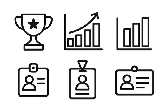 Business line icon set for success, growth, and identity. Includes trophy, data analysis chart, financial graph, and employee ID card badge. Vector symbols for corporate use.