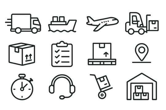 Logistics and transportation line icon set. Shipping, delivery service. Cargo freight by truck, ship, air. Warehouse, storage, forklift. Package tracking, support. Vector.
