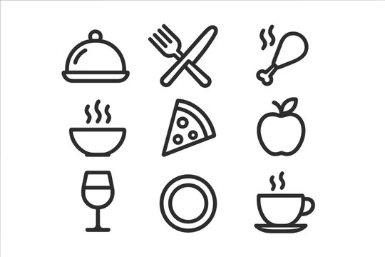 Food and dining icon set. Minimalist line art symbols for restaurant menu, cafe, web. Vector pictogram collection with pizza, coffee, wine, soup, cutlery, and fruit.
