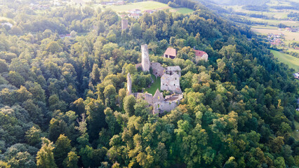 Burgruine Stauf. Ob der Donau, Austria. Serial drone view. Castle