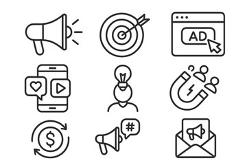 Marketing and promotion outline icon set. Digital advertising symbols for social media campaign, lead generation, email newsletter, ROI, and customer targeting. Vector icons.