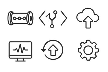CI CD linear icons set. Continuous integration delivery pipeline. Code merge, deployment, monitoring, rollback, gear. DevOps software development process automation symbol.
