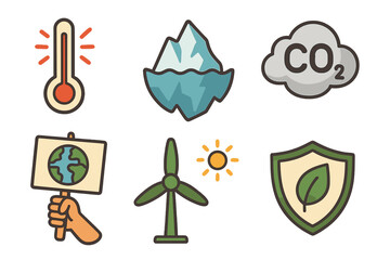 Climate change icon collection. Vector cartoon illustrations for global warming awareness, environmental protest, and ecology concepts. Includes iceberg, CO2, and green energy.