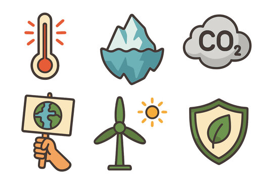 Climate change icon collection. Vector cartoon illustrations for global warming awareness, environmental protest, and ecology concepts. Includes iceberg, CO2, and green energy.