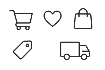 Minimalist shopping icons set for e-commerce and online stores. Vector symbols for web UI include cart, bag, delivery truck, price tag, and favorite heart sign.