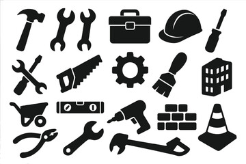 Construction tools icon set collection. Vector symbols of building, repair and industrial equipment. Silhouettes of hammer, wrench, drill, saw, gear and toolbox for DIY.