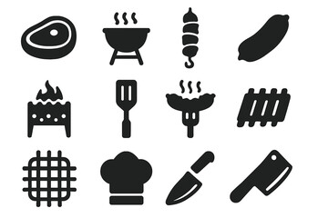 Meat cooking solid icon set. BBQ, grilling, kitchen tools glyph icons collection. Barbecue symbols for steak, sausage, ribs, kebab. Vector illustration for outdoor cookout.
