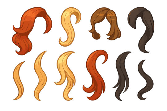 Hairstyle constructor set. Woman hair strands, locks and wigs in different colors. Blonde, red, brown, black. Cartoon vector collection for character creation. Hairdresser.