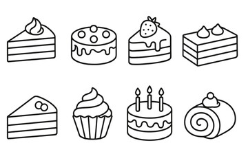 Cake and dessert outline vector icon set. Simple linear illustration collection of sweet pastries like birthday cake, cupcake, swiss roll, pie slice. Editable stroke for web.