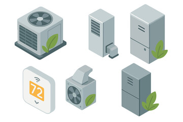 Isometric HVAC system set with smart thermostat for energy efficiency. Vector icons of heating, cooling, and ventilation equipment. Green energy home climate control concept.
