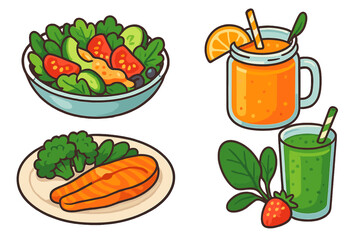 Healthy food illustration set. Clean eating concept. Salmon fish, vegetable salad, fresh orange juice, green smoothie. Diet, nutrition, organic meal vector cartoon icons.