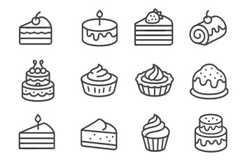 Cake and dessert line icon set. Sweet pastry, bakery, and food symbols. Vector collection of birthday cake, cupcake, pie slice, and cheesecake for party and celebration.