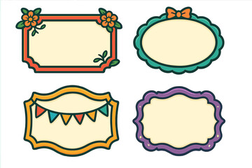 Decorative framed labels with vibrant designs for crafts or events. Vector cartoon sticker set. Cute blank name tags, vintage floral border, and party banner template.