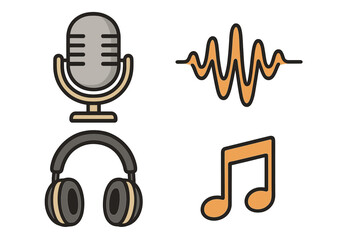 Podcasting equipment icon set with microphone, audio waveform, headphones, and music note. Vector cartoon illustration for radio show, broadcast, streaming, and sound recording.