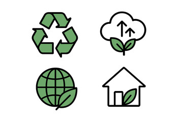 Ecology icon set. Green living, sustainability symbols. Recycle sign, CO2 emissions reduction, eco house, green planet earth concepts. Minimalist vector illustration collection.