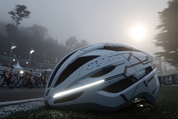 Fototapeta premium A modern white cycling helmet with glowing lights, on grass, in a dense fog.