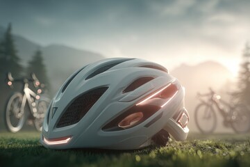 Fototapeta premium Modern white cycling helmet with integrated lights on grass, bikes in nature.