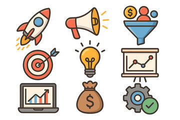 Business growth and marketing strategy vector icon set. Flat cartoon illustration with startup rocket, sales funnel, analytics chart, idea lightbulb, target, and money bag.