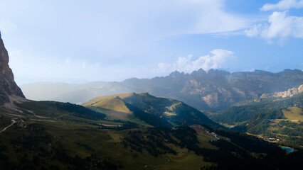 Fototapeta premium Excelente toma desde drone de las dolomitas en Italia. Majestic mountain scenery within spring time - blooming mountain slopes Seceda, Dolomites, Italy, hiking trail