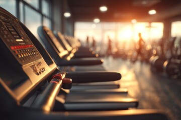 A modern gym with a row of treadmills illuminated by beautiful golden hour light.