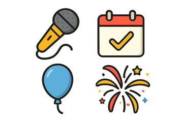 Celebration party event icon set. Vector cartoon illustration. Microphone for concert, calendar for date reminder, balloon for holiday, fireworks for new year anniversary.