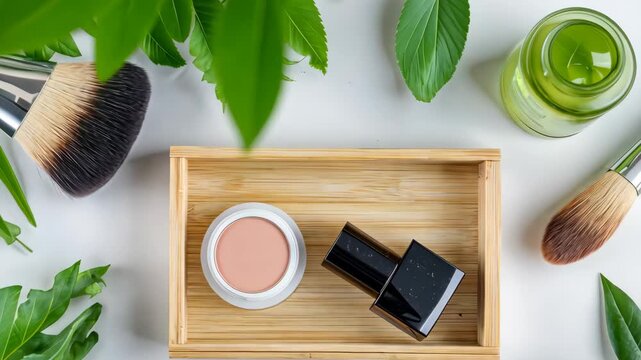 Natural beauty: organic cosmetics showcase with green plant elements and brushes