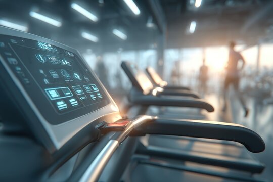 Modern treadmill console with digital display in a vibrant fitness gym.