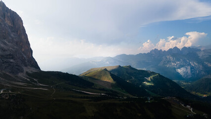 Fototapeta premium Excelente toma desde drone de las dolomitas en Italia. Majestic mountain scenery within spring time - blooming mountain slopes Seceda, Dolomites, Italy, hiking trail
