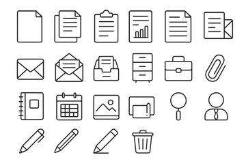 Office work and business communication thin line icon set. Document management, file, mail, and report symbols. Vector pictograms for UI, web, and app design. Editable stroke.
