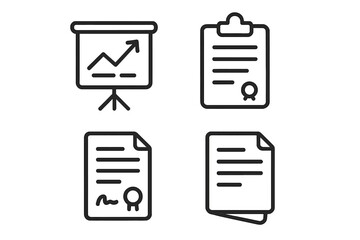 Business documents line icon set. Icons for presentation, growth chart, financial report, legal contract, agreement, clipboard, certificate. Vector for web, app design, UI.
