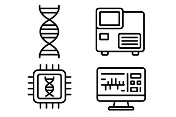 Genomic diagnostics outline icons. Genetic sequencing, DNA analysis, bioinformatics concept. Vector icon set with DNA helix, laboratory sequencer, gene chip, and data screen.