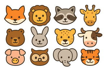 Cute Animal Faces Collection Cartoon Vector Set. Fox, Lion, Raccoon, Giraffe, Bear, Bunny, Cheetah, Cow, Pig, Owl, Elephant, Tiger. Playful Minimalist Icon Design for Kids Transparent Background