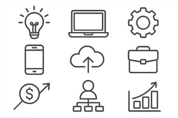 Business and technology line icon set. Vector symbols for startup, finance, marketing, and management. Thin line icons for idea, growth chart, cloud data and organization.