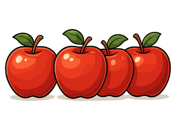 Row of four fresh red apples vector cartoon illustration. Simple flat design of ripe healthy fruit with leaf. Concept for organic food, diet, nutrition, grocery, harvest.