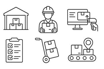 Warehouse management icons. Logistics and shipping icon set. Linear style for distribution, delivery, and inventory. Vector illustration for supply chain and storage concepts.