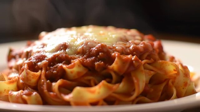 Steaming pasta dish, tomato sauce, melted cheese, kitchen background, food blog