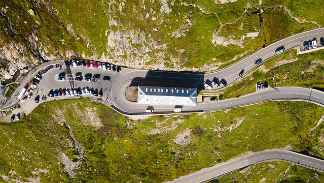 Hotel Belvedere. Panoramic aerial view of the old Belvedere Hotel at the famous " James Bond " Furkapass in Swiss Alps mountains, Switzerland