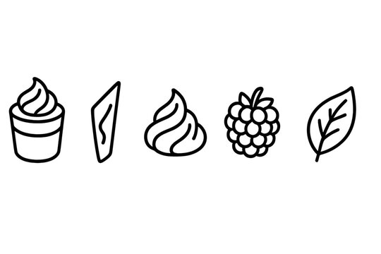 Mini mousse cake ingredients and dessert toppings outline icon set. Vector illustration of mousse cup, chocolate shard, whipped cream swirl, raspberry, and mint leaf for bakery. - Powered by Adobe